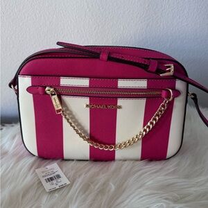 Michael Kors Jet Set Pink and White Striped Crossbody Bag